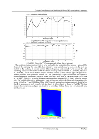 Designed and Simulation Modified H Shaped Microstrip Patch Antenna
www.iosrjournals.org 36 | Page
(Fig-(3.3): Gain VS Frequency of base shaped antenna)
( Fig-(3.4 ): Directivity VS Frequency graph of base shaped antenna)
The most important parameters which is to be analyzed is the bandwidth of the antenna , gain ,VSWR,
directivity for analyzing the bandwidth of an antenna we need return loss curve is drawn in Fig-(3.1) and
studied in By analyzing it we can see that different frequency bands named F1,F2, respectively. after
calculating we can see that the bandwidth of different frequency bands F1=4.05% at 3.475GHZ , F2=4.21%
at 5.031GHZ , which makes the base antenna structure suitable for two different types of applications.
Another parameter is the gain of the antenna. The Gain VS Frequency Graph is illustrated in the Fig-(3.3) is
used to find gain of the antenna .The curve shows gain of F1 is 1.674dbi at 3.475GHZ and F2 is 0.875dbi
at 5.031GHZ . Directivity is another important parameter of an antenna which is closely related to antenna
gain .The Total Field Directivity VS Frequency curve is illustrated in Fig-(3.4). The graph shows a directivity
having 8.184dbi at F1 and 9.800dbi at F2 the VSWR curve is another important parameters it should be less
than 2 for an antenna to work properly. It is less than 2 in all two bands as shown in Fig-(3.2). This base
structure does not provide good gain and directivity so we will cut the base shaped into a structure with same
feed then we get.
Fig-(3.5) current distribution of base shape
 
