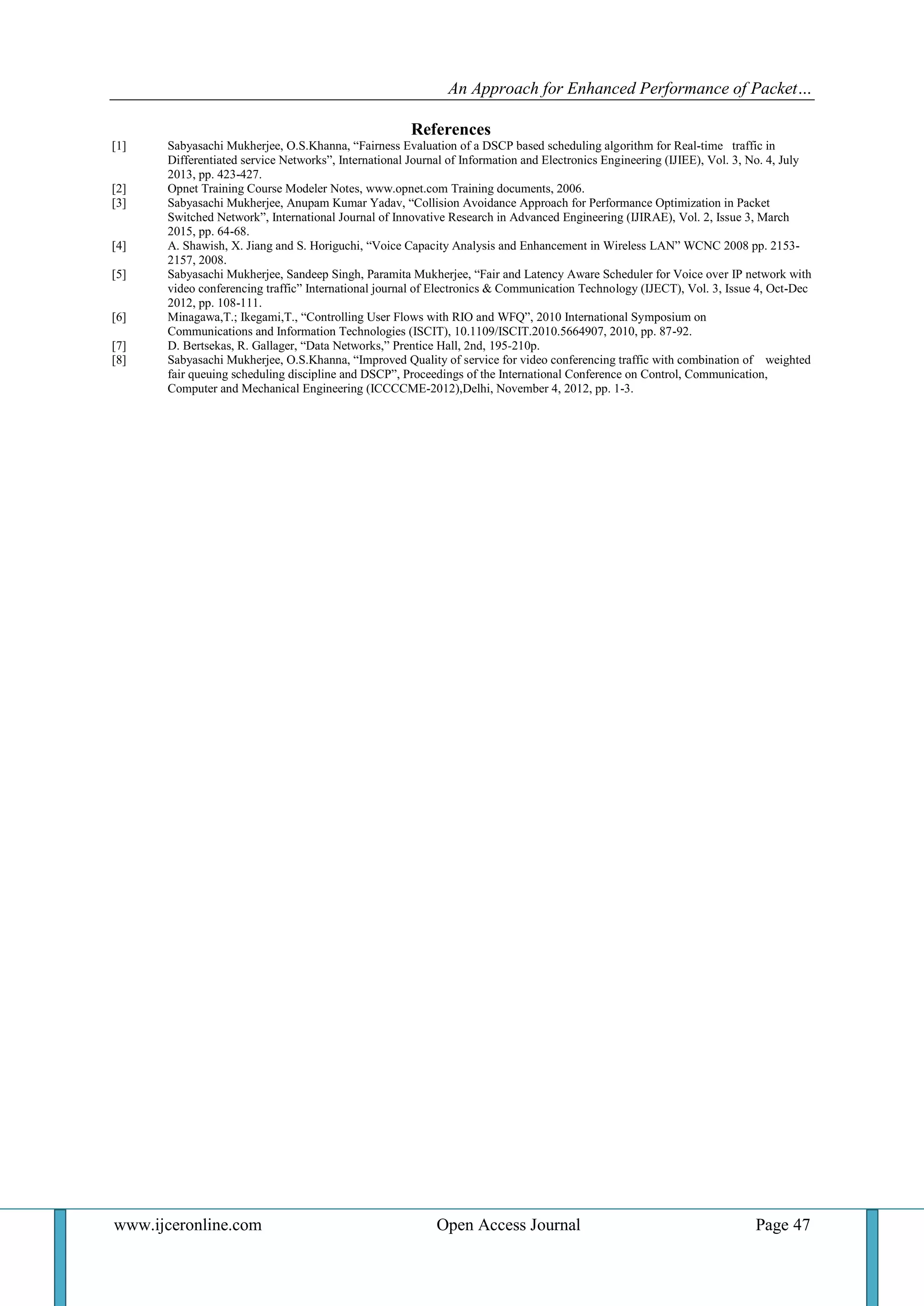 An Approach for Enhanced Performance of Packet…
www.ijceronline.com Open Access Journal Page 47
References
[1] Sabyasachi Mukherjee, O.S.Khanna, “Fairness Evaluation of a DSCP based scheduling algorithm for Real-time traffic in
Differentiated service Networks”, International Journal of Information and Electronics Engineering (IJIEE), Vol. 3, No. 4, July
2013, pp. 423-427.
[2] Opnet Training Course Modeler Notes, www.opnet.com Training documents, 2006.
[3] Sabyasachi Mukherjee, Anupam Kumar Yadav, “Collision Avoidance Approach for Performance Optimization in Packet
Switched Network”, International Journal of Innovative Research in Advanced Engineering (IJIRAE), Vol. 2, Issue 3, March
2015, pp. 64-68.
[4] A. Shawish, X. Jiang and S. Horiguchi, “Voice Capacity Analysis and Enhancement in Wireless LAN” WCNC 2008 pp. 2153-
2157, 2008.
[5] Sabyasachi Mukherjee, Sandeep Singh, Paramita Mukherjee, “Fair and Latency Aware Scheduler for Voice over IP network with
video conferencing traffic” International journal of Electronics & Communication Technology (IJECT), Vol. 3, Issue 4, Oct-Dec
2012, pp. 108-111.
[6] Minagawa,T.; Ikegami,T., “Controlling User Flows with RIO and WFQ”, 2010 International Symposium on
Communications and Information Technologies (ISCIT), 10.1109/ISCIT.2010.5664907, 2010, pp. 87-92.
[7] D. Bertsekas, R. Gallager, “Data Networks,” Prentice Hall, 2nd, 195-210p.
[8] Sabyasachi Mukherjee, O.S.Khanna, “Improved Quality of service for video conferencing traffic with combination of weighted
fair queuing scheduling discipline and DSCP”, Proceedings of the International Conference on Control, Communication,
Computer and Mechanical Engineering (ICCCCME-2012),Delhi, November 4, 2012, pp. 1-3.
 
