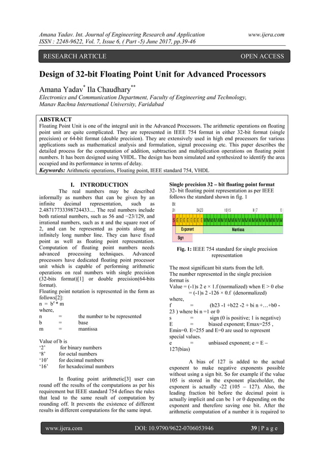 Design of 32-bit Floating Point Unit for Advanced Processors | PDF