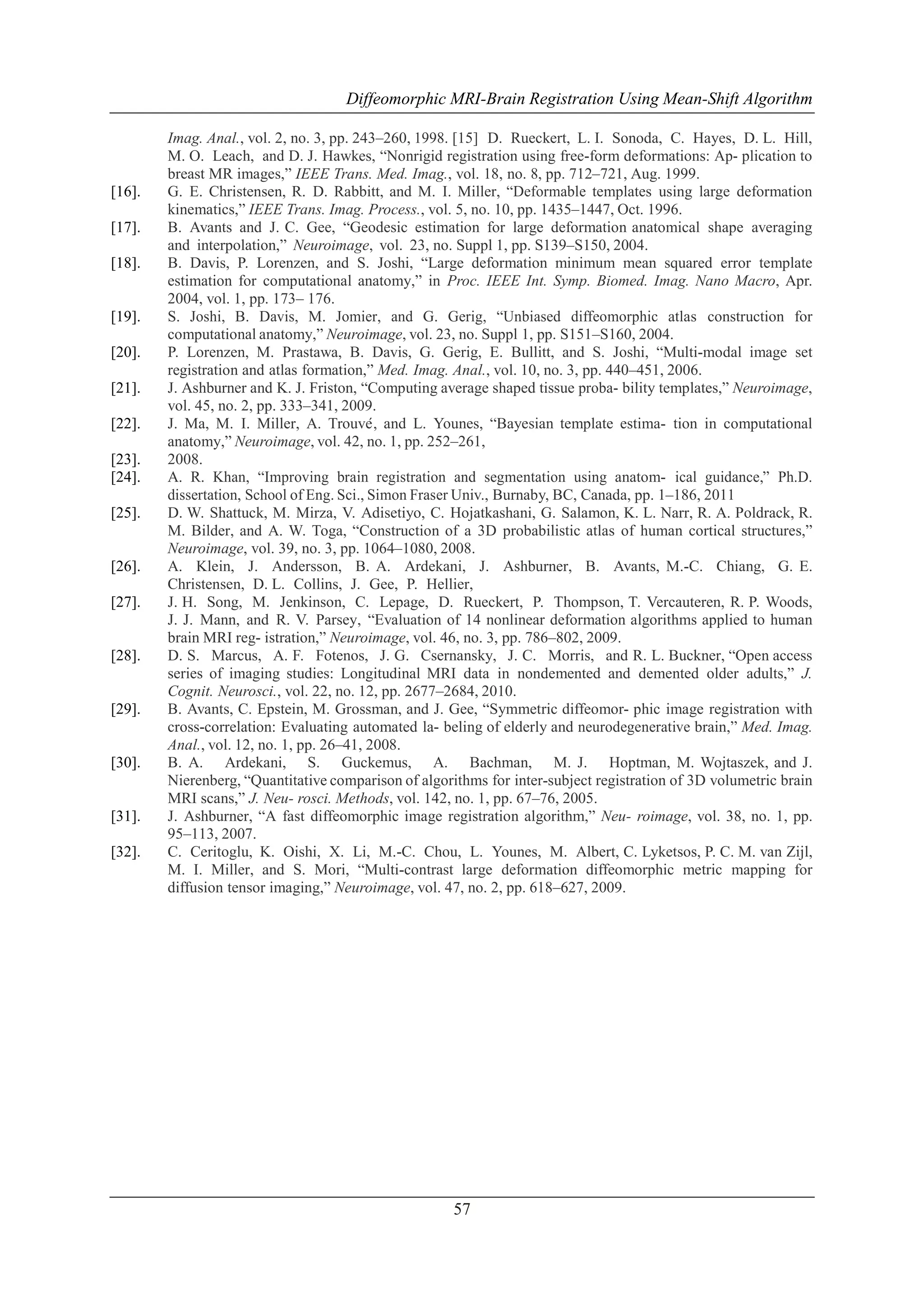Diffeomorphic MRI-Brain Registration Using Mean-Shift Algorithm

[16].
[17].
[18].

[19].
[20].
[21].
[22].
[23].
[24].
[25].

[26].
[27].

[28].

[29].

[30].

[31].
[32].

Imag. Anal., vol. 2, no. 3, pp. 243–260, 1998. [15] D. Rueckert, L. I. Sonoda, C. Hayes, D. L. Hill,
M. O. Leach, and D. J. Hawkes, ―Nonrigid registration using free-form deformations: Ap- plication to
breast MR images,‖ IEEE Trans. Med. Imag., vol. 18, no. 8, pp. 712–721, Aug. 1999.
G. E. Christensen, R. D. Rabbitt, and M. I. Miller, ―Deformable templates using large deformation
kinematics,‖ IEEE Trans. Imag. Process., vol. 5, no. 10, pp. 1435–1447, Oct. 1996.
B. Avants and J. C. Gee, ―Geodesic estimation for large deformation anatomical shape averaging
and interpolation,‖ Neuroimage, vol. 23, no. Suppl 1, pp. S139–S150, 2004.
B. Davis, P. Lorenzen, and S. Joshi, ―Large deformation minimum mean squared error template
estimation for computational anatomy,‖ in Proc. IEEE Int. Symp. Biomed. Imag. Nano Macro, Apr.
2004, vol. 1, pp. 173– 176.
S. Joshi, B. Davis, M. Jomier, and G. Gerig, ―Unbiased diffeomorphic atlas construction for
computational anatomy,‖ Neuroimage, vol. 23, no. Suppl 1, pp. S151–S160, 2004.
P. Lorenzen, M. Prastawa, B. Davis, G. Gerig, E. Bullitt, and S. Joshi, ―Multi-modal image set
registration and atlas formation,‖ Med. Imag. Anal., vol. 10, no. 3, pp. 440–451, 2006.
J. Ashburner and K. J. Friston, ―Computing average shaped tissue proba- bility templates,‖ Neuroimage,
vol. 45, no. 2, pp. 333–341, 2009.
J. Ma, M. I. Miller, A. Trouve and L. Younes, ―Bayesian template estima- tion in computational
´,
anatomy,‖ Neuroimage, vol. 42, no. 1, pp. 252–261,
2008.
A. R. Khan, ―Improving brain registration and segmentation using anatom- ical guidance,‖ Ph.D.
dissertation, School of Eng. Sci., Simon Fraser Univ., Burnaby, BC, Canada, pp. 1–186, 2011
D. W. Shattuck, M. Mirza, V. Adisetiyo, C. Hojatkashani, G. Salamon, K. L. Narr, R. A. Poldrack, R.
M. Bilder, and A. W. Toga, ―Construction of a 3D probabilistic atlas of human cortical structures,‖
Neuroimage, vol. 39, no. 3, pp. 1064–1080, 2008.
A. Klein, J. Andersson, B. A. Ardekani, J. Ashburner, B. Avants, M.-C. Chiang, G. E.
Christensen, D. L. Collins, J. Gee, P. Hellier,
J. H. Song, M. Jenkinson, C. Lepage, D. Rueckert, P. Thompson, T. Vercauteren, R. P. Woods,
J. J. Mann, and R. V. Parsey, ―Evaluation of 14 nonlinear deformation algorithms applied to human
brain MRI reg- istration,‖ Neuroimage, vol. 46, no. 3, pp. 786–802, 2009.
D. S. Marcus, A. F. Fotenos, J. G. Csernansky, J. C. Morris, and R. L. Buckner, ―Open access
series of imaging studies: Longitudinal MRI data in nondemented and demented older adults,‖ J.
Cognit. Neurosci., vol. 22, no. 12, pp. 2677–2684, 2010.
B. Avants, C. Epstein, M. Grossman, and J. Gee, ―Symmetric diffeomor- phic image registration with
cross-correlation: Evaluating automated la- beling of elderly and neurodegenerative brain,‖ Med. Imag.
Anal., vol. 12, no. 1, pp. 26–41, 2008.
B. A. Ardekani, S. Guckemus, A. Bachman, M. J. Hoptman, M. Wojtaszek, and J.
Nierenberg, ―Quantitative comparison of algorithms for inter-subject registration of 3D volumetric brain
MRI scans,‖ J. Neu- rosci. Methods, vol. 142, no. 1, pp. 67–76, 2005.
J. Ashburner, ―A fast diffeomorphic image registration algorithm,‖ Neu- roimage, vol. 38, no. 1, pp.
95–113, 2007.
C. Ceritoglu, K. Oishi, X. Li, M.-C. Chou, L. Younes, M. Albert, C. Lyketsos, P. C. M. van Zijl,
M. I. Miller, and S. Mori, ―Multi-contrast large deformation diffeomorphic metric mapping for
diffusion tensor imaging,‖ Neuroimage, vol. 47, no. 2, pp. 618–627, 2009.

57

 