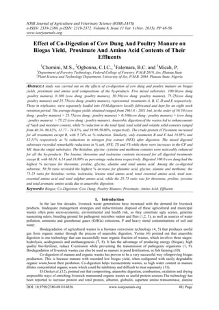 Effect of Co-Digestion of Cow Dung And Poultry Manure on Biogas Yield ...