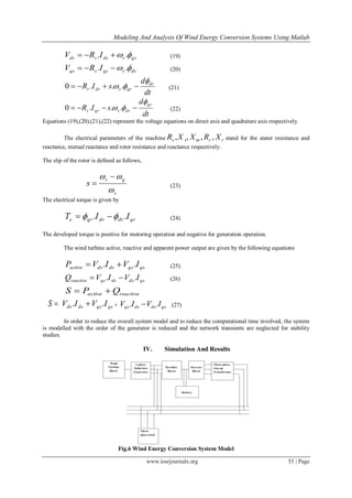 Modeling And Analysis Of Wind Energy Conversion Systems Using Matlab
www.iosrjournals.org 53 | Page
qssdssds IRV  ..  (19)
dssqssqs IRV  ..  (20)
dt
d
sIR dr
qrsdrr

  ...0 (21)
dt
d
sIR
qr
drsqrr

  ...0 (22)
Equations (19),(20),(21),(22) represent the voltage equations on direct axis and quadrature axis respectively.
The electrical parameters of the machine rrmss XRXXR ,,,, stand for the stator resistance and
reactance, mutual reactance and rotor resistance and reactance respectively.
The slip of the rotor is defined as follows,
s
gs
s

 
 (23)
The electrical torque is given by
qrdrdrqre IIT ..   (24)
The developed torque is positive for motoring operation and negative for generation operation.
The wind turbine active, reactive and apparent power output are given by the following equations
qsqsdsdsactive IVIVP ..  (25)
qsdsdsqsreactive IVIVQ ..  (26)
reactiveactive QPS 
S qsqsdsds IVIV ..  + qsdsdsqs IVIV ..  (27)
In order to reduce the overall system model and to reduce the computational time involved, the system
is modelled with the order of the generator is reduced and the network transients are neglected for stability
studies.
IV. Simulation And Results
Fig.6 Wind Energy Conversion System Model
 