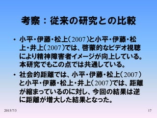 2015/7/3 17
考察：従来の研究との比較
• 小平・伊藤・松上（2007）と小平・伊藤・松
上・井上（2007）では、啓蒙的なビデオ視聴
により精神障害者イメージが向上している。
本研究でもこの点では共通している。
• 社会的距離では、小平・伊藤・松上（2007）
と小平・伊藤・松上・井上（2007）では、距離
が縮まっているのに対し、今回の結果は逆
に距離が増大した結果となった。
 