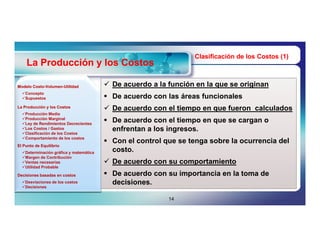 Clasificación de los Costos (1)
    La Producción y los Costos

Modelo Costo-Volumen-Utilidad
       Costo-Volumen-                    De acuerdo a la función en la que se originan
  Concepto
  Supuestos                             De acuerdo con las áreas funcionales
La Producción y los Costos
                                         De acuerdo con el tiempo en que fueron calculados
  Producción Media
  Producción Marginal
  Ley de Rendimientos Decrecientes
                                         De acuerdo con el tiempo en que se cargan o
  Los Costos / Gastos
  Clasificación de los Costos
                                          enfrentan a los ingresos.
  Comportamiento de los costos
                                         Con el control que se tenga sobre la ocurrencia del
El Punto de Equilibrio
  Determinación gráfica y matemática     costo.
  Margen de Contribución
  Ventas necesarias                     De acuerdo con su comportamiento
  Utilidad Probable

Decisiones basadas en costos             De acuerdo con su importancia en la toma de
  Desviaciones de los costos
  Decisiones
                                          decisiones.

                                                          14
 