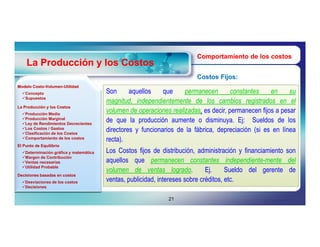Comportamiento de los costos
    La Producción y los Costos
                                                                         Costos Fijos:
Modelo Costo-Volumen-Utilidad
       Costo-Volumen-
  Concepto                             Son      aquellos    que    permanecen        constantes    en     su
  Supuestos
                                        magnitud, independientemente de los cambios registrados en el
La Producción y los Costos
  Producción Media
                                        volumen de operaciones realizadas, es decir, permanecen fijos a pesar
  Producción Marginal
  Ley de Rendimientos Decrecientes
                                        de que la producción aumente o disminuya. Ej: Sueldos de los
  Los Costos / Gastos
  Clasificación de los Costos
                                        directores y funcionarios de la fábrica, depreciación (si es en línea
  Comportamiento de los costos
                                        recta).
El Punto de Equilibrio
  Determinación gráfica y matemática   Los Costos fijos de distribución, administración y financiamiento son
  Margen de Contribución
  Ventas necesarias                    aquellos que permanecen constantes independiente-mente del
  Utilidad Probable
                                        volumen de ventas logrado.            Ej.     Sueldo del gerente de
Decisiones basadas en costos
  Desviaciones de los costos           ventas, publicidad, intereses sobre créditos, etc.
  Decisiones


                                                              21
 