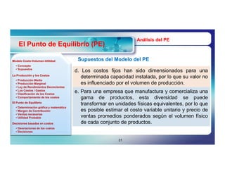 Análisis del PE
    El Punto de Equilibrio (PE)

Modelo Costo-Volumen-Utilidad
       Costo-Volumen-                    Supuestos del Modelo del PE
  Concepto
  Supuestos
                                        d. Los costos fijos han sido dimensionados para una
La Producción y los Costos
                                           determinada capacidad instalada, por lo que su valor no
  Producción Media
  Producción Marginal                     es influenciado por el volumen de producción.
  Ley de Rendimientos Decrecientes
  Los Costos / Gastos
  Clasificación de los Costos
                                        e. Para una empresa que manufactura y comercializa una
  Comportamiento de los costos            gama de productos, esta diversidad se puede
El Punto de Equilibrio
                                           transformar en unidades físicas equivalentes, por lo que
  Determinación gráfica y matemática
  Margen de Contribución                  es posible estimar el costo variable unitario y precio de
  Ventas necesarias
  Utilidad Probable                       ventas promedios ponderados según el volumen físico
Decisiones basadas en costos               de cada conjunto de productos.
  Desviaciones de los costos
  Decisiones


                                                           31
 