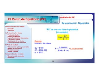 Análisis del PE
    El Punto de Equilibrio (PE)
                                                        Determinación Algebraica
Modelo Costo-Volumen-Utilidad
       Costo-Volumen-
  Concepto
  Supuestos                            “PE” de una sola línea de productos
La Producción y los Costos                        (en unidades)
  Producción Media
  Producción Marginal
  Ley de Rendimientos Decrecientes
  Los Costos / Gastos
  Clasificación de los Costos
  Comportamiento de los costos
El Punto de Equilibrio
  Determinación gráfica y matemática
  Margen de Contribución
  Ventas necesarias
  Utilidad Probable

Decisiones basadas en costos
  Desviaciones de los costos
  Decisiones


                                              39
 