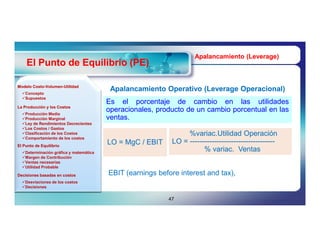 Apalancamiento (Leverage)
                                                                                   (Leverage)
    El Punto de Equilibrio (PE)

Modelo Costo-Volumen-Utilidad
       Costo-Volumen-
  Concepto
                                         Apalancamiento Operativo (Leverage Operacional)
                                                                  (Leverage
  Supuestos
                                        Es el porcentaje de cambio en las utilidades
La Producción y los Costos
  Producción Media
                                        operacionales, producto de un cambio porcentual en las
  Producción Marginal                  ventas.
  Ley de Rendimientos Decrecientes
  Los Costos / Gastos
  Clasificación de los Costos                                   %variac.Utilidad Operación
  Comportamiento de los costos
                                        LO = MgC / EBIT     LO = -----------------------------------
                                                                       % variac. Ventas
                                                                          variac.
El Punto de Equilibrio
  Determinación gráfica y matemática
  Margen de Contribución
  Ventas necesarias
  Utilidad Probable

Decisiones basadas en costos            EBIT (earnings before interest and tax),
  Desviaciones de los costos
  Decisiones


                                                          47
 