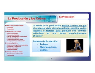 La Producción
    La Producción y los Costos

Modelo Costo-Volumen-Utilidad
       Costo-Volumen-                   La teoría de la producción analiza la forma en que
  Concepto
  Supuestos                            el productor dada cierta tecnología, combina varios
La Producción y los Costos
                                        insumos o factores para producir una cantidad
  Producción Media                     estipulada en      una forma económicamente
  Producción Marginal
  Ley de Rendimientos Decrecientes     eficiente".
                                        eficiente".
  Los Costos / Gastos
  Clasificación de los Costos
  Comportamiento de los costos
                                        Factores de Producción:
El Punto de Equilibrio
  Determinación gráfica y matemática        Trabajo.
  Margen de Contribución
  Ventas necesarias                         Materias primas.
  Utilidad Probable
                                             Capital.
Decisiones basadas en costos
  Desviaciones de los costos
  Decisiones


                                                         6
 