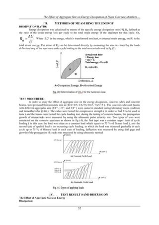 The Effect of Aggregate Size on Energy Dissipation of Plain Concrete Members…
III.

METHODS OF MEASURING THE ENERGY

DISSIPATION RATIO:
Energy dissipation was calculated by means of the specific energy dissipation ratio [9], Rn defined as
the ratio of the strain energy loss per cycle to the total strain energy of the specimen for that cycle. Or,

U
Rn 
U

Where U is the energy, which is transformed into heat, or internal strain energy, and U is the

total strain energy. The value of Rn can be determined directly by measuring the area in closed by the loaddeflection loop of the specimen under cycle loading to the total area as indicated in fig (3).

TEST PROCEDURE:
In order to study the effect of aggregate size on the energy dissipation, concrete cubes and concrete
beams, were prepared from concrete mix as (W/C=0.5, CA/TA=0.67, TA/C=5 ). The concrete cubes and beams
with different aggregates size (3/8’’, 1/2’’, and 3/4'’ ) were casted in standard curing laboratory room condition
and demolded after (24hr.) The cubes were tested for compressive strength ( in order to find fr to be used in
tests ) and the beams were tested for cycle loading test, during the testing of concrete beams, the propagation
growth of microcracks were measured by using the ultrasonic pulse velocity test. Two types of tests were
conducted on the concrete specimen as shown in fig (4), the first type was a constant upper limit of cycle
loading ( in this case the load was taken as a constant load which equals to 75 % of flexure load ), and the
second type of applied load is an increasing cycle loading, in which the load was increased gradually in each
cycle up to 75 % of flexural load in each case of loading, deflection was measured by using dial gage and
growth of the propagation of cracks was measured by using ultrasonic method.

IV.

TEST RESULT SAND DISCUSSION

The Effect of Aggregate Sizes on Energy
Dissipation:

52

 