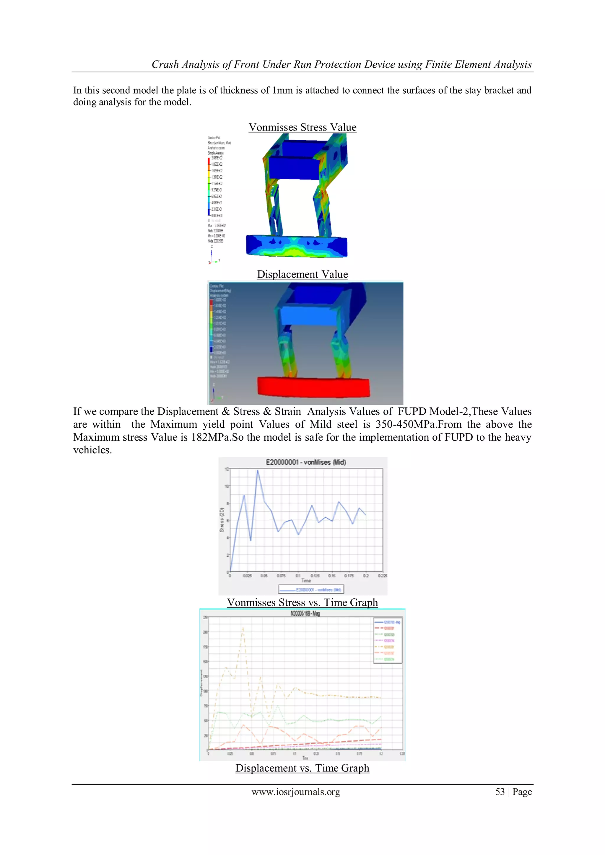 Crash Analysis of Front Under Run Protection Device using Finite Element Analysis
www.iosrjournals.org 53 | Page
In this second model the plate is of thickness of 1mm is attached to connect the surfaces of the stay bracket and
doing analysis for the model.
Vonmisses Stress Value
Displacement Value
If we compare the Displacement & Stress & Strain Analysis Values of FUPD Model-2,These Values
are within the Maximum yield point Values of Mild steel is 350-450MPa.From the above the
Maximum stress Value is 182MPa.So the model is safe for the implementation of FUPD to the heavy
vehicles.
Vonmisses Stress vs. Time Graph
Displacement vs. Time Graph
 