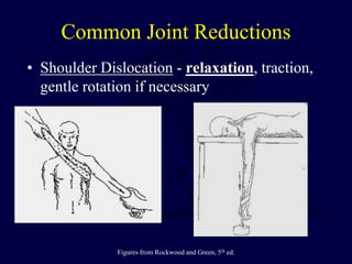 Common Joint Reductions
• Shoulder Dislocation - relaxation, traction,
gentle rotation if necessary
Figures from Rockwood and Green, 5th ed.
 