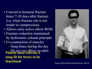 • Convert to humeral fracture
brace 7-10 days after fracture
(i.e. when fracture site is not
tender to compression).
• Allows early active elbow ROM
• Fracture reduction maintained
by hydrostatic column principle
• Co-contraction of muscles
- Snug brace during the day
- Do not rest elbow on table
Patient must tolerate a
snug fit for brace to be
functional Figure from Rockwood and Green, 4th ed.
 
