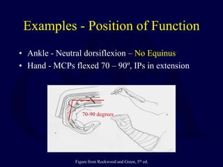Examples - Position of Function
• Ankle - Neutral dorsiflexion – No Equinus
• Hand - MCPs flexed 70 – 90º, IPs in extension
70-90 degrees
Figure from Rockwood and Green, 5th ed.
 