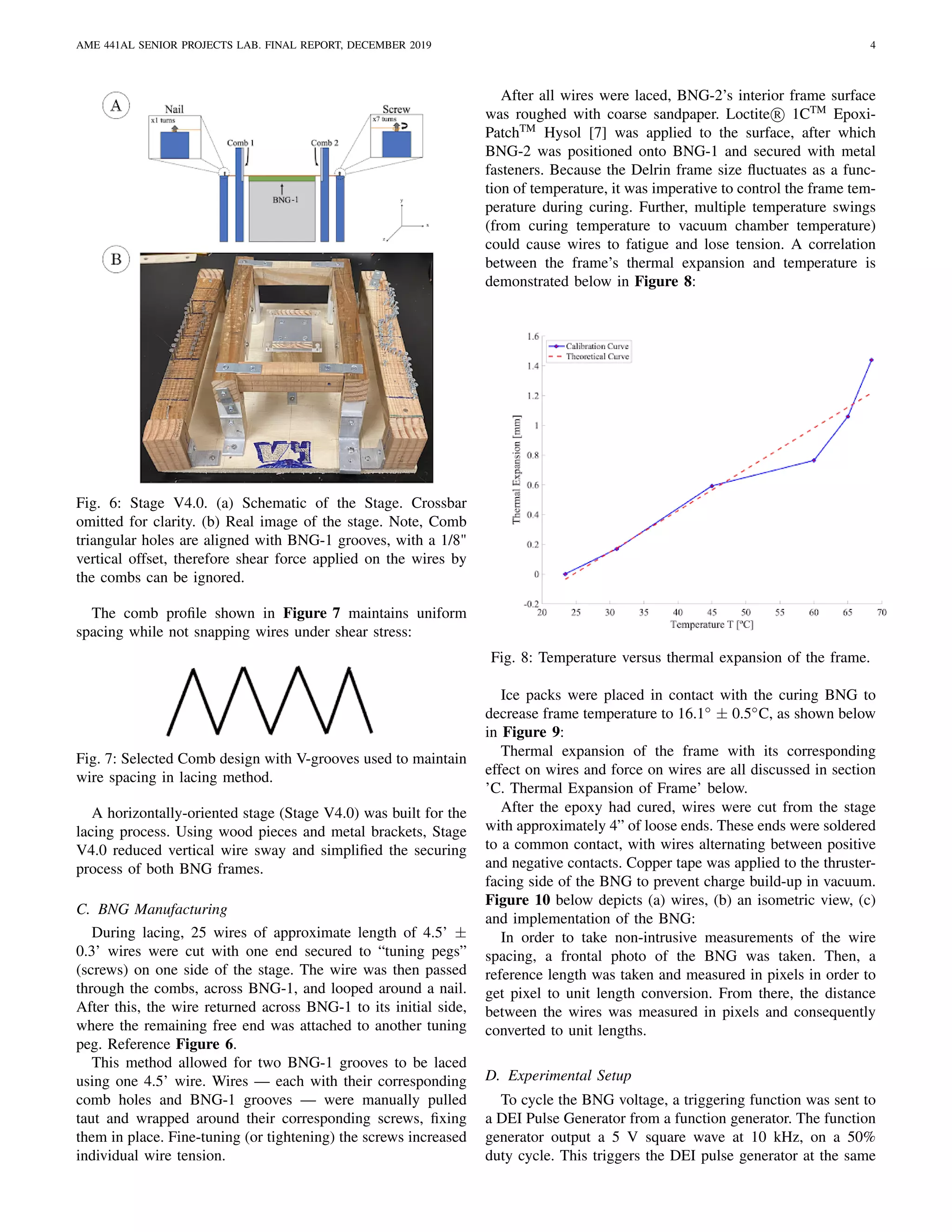 AME 441AL SENIOR PROJECTS LAB. FINAL REPORT, DECEMBER 2019 4
Fig. 6: Stage V4.0. (a) Schematic of the Stage. Crossbar
omitted for clarity. (b) Real image of the stage. Note, Comb
triangular holes are aligned with BNG-1 grooves, with a 1/8"
vertical offset, therefore shear force applied on the wires by
the combs can be ignored.
The comb proﬁle shown in Figure 7 maintains uniform
spacing while not snapping wires under shear stress:
Fig. 7: Selected Comb design with V-grooves used to maintain
wire spacing in lacing method.
A horizontally-oriented stage (Stage V4.0) was built for the
lacing process. Using wood pieces and metal brackets, Stage
V4.0 reduced vertical wire sway and simpliﬁed the securing
process of both BNG frames.
C. BNG Manufacturing
During lacing, 25 wires of approximate length of 4.5’ ±
0.3’ wires were cut with one end secured to “tuning pegs”
(screws) on one side of the stage. The wire was then passed
through the combs, across BNG-1, and looped around a nail.
After this, the wire returned across BNG-1 to its initial side,
where the remaining free end was attached to another tuning
peg. Reference Figure 6.
This method allowed for two BNG-1 grooves to be laced
using one 4.5’ wire. Wires — each with their corresponding
comb holes and BNG-1 grooves — were manually pulled
taut and wrapped around their corresponding screws, ﬁxing
them in place. Fine-tuning (or tightening) the screws increased
individual wire tension.
After all wires were laced, BNG-2’s interior frame surface
was roughed with coarse sandpaper. Loctite R 1CTM
Epoxi-
PatchTM
Hysol [7] was applied to the surface, after which
BNG-2 was positioned onto BNG-1 and secured with metal
fasteners. Because the Delrin frame size ﬂuctuates as a func-
tion of temperature, it was imperative to control the frame tem-
perature during curing. Further, multiple temperature swings
(from curing temperature to vacuum chamber temperature)
could cause wires to fatigue and lose tension. A correlation
between the frame’s thermal expansion and temperature is
demonstrated below in Figure 8:
Fig. 8: Temperature versus thermal expansion of the frame.
Ice packs were placed in contact with the curing BNG to
decrease frame temperature to 16.1◦
± 0.5◦
C, as shown below
in Figure 9:
Thermal expansion of the frame with its corresponding
effect on wires and force on wires are all discussed in section
’C. Thermal Expansion of Frame’ below.
After the epoxy had cured, wires were cut from the stage
with approximately 4” of loose ends. These ends were soldered
to a common contact, with wires alternating between positive
and negative contacts. Copper tape was applied to the thruster-
facing side of the BNG to prevent charge build-up in vacuum.
Figure 10 below depicts (a) wires, (b) an isometric view, (c)
and implementation of the BNG:
In order to take non-intrusive measurements of the wire
spacing, a frontal photo of the BNG was taken. Then, a
reference length was taken and measured in pixels in order to
get pixel to unit length conversion. From there, the distance
between the wires was measured in pixels and consequently
converted to unit lengths.
D. Experimental Setup
To cycle the BNG voltage, a triggering function was sent to
a DEI Pulse Generator from a function generator. The function
generator output a 5 V square wave at 10 kHz, on a 50%
duty cycle. This triggers the DEI pulse generator at the same
 