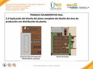 Escuela de Ciencias Básicas, Tecnología e Ingeniería
Programa de Ingeniería Industrial
Diseño de Plantas Industriales
Proyecto Aplicado - 2014I
TRABAJO COLABORATIVO No2.
3.3 Explicación del diseño del plano completo del diseño del área de
producción con distribución de planta.
FI-GQ-GCMU-004-015 V. 001-17-04-2013
 