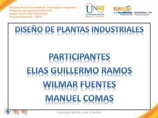 Escuela de Ciencias Básicas, Tecnología e Ingeniería
Programa de Ingeniería Industrial
Diseño de Plantas Industriales
Proyecto Aplicado - 2014I
FI-GQ-GCMU-004-015 V. 001-17-04-2013
 