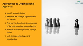Approaches to Organisational
Appraisal
⮚ Identify strategic factors
⮚ Research the strategic significance of
the Factors
⮚...