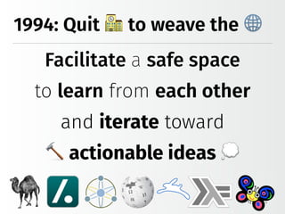 1994: Quit % to weave the &
Facilitate a safe space
to learn from each other
and iterate toward
' actionable ideas (
 