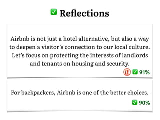 Airbnb is not just a hotel alternative, but also a way
to deepen a visitor’s connection to our local culture.
Let’s focus on protecting the interests of landlords
and tenants on housing and security.
91%
For backpackers, Airbnb is one of the better choices.
90%
� Reﬂections
 