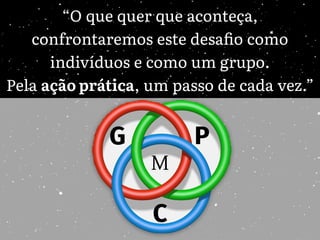 “Whatever happens, we shall confront
this challenge as individuals and as a
group — through practical action,
one step at a time.”
G P
C
M
 