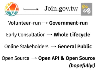 Join.gov.tw
Volunteer-run � Government-run
Early Consultation � Whole Lifecycle
Online Stakeholders � General Public
 