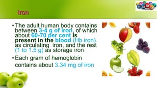 Iron
•The adult human body contains
between 3-4 g of iron, of which
about 60-70 per cent is
present in the blood (Hb iron)
as circulating iron, and the rest
(1 to 1.5 g) as storage iron
•Each gram of hemoglobin
contains about 3.34 mg of iron
 