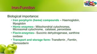 Iron-Function
Biological importance:
• Iron porphyrin (heme) compounds – Haemoglobin,
Myoglobin
• Heme enzymes– Mitochondrial cytochromes,
Microsomal cytochrome, catalase, peroxidase
• Flavin-enzymes– Succinic dehydrogenase, xanthine
oxidase
• Transport and storage form- Transferrin , Ferritin,
Hemosiderin
 