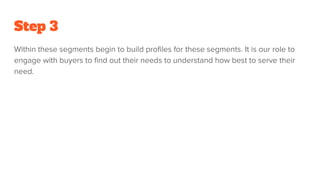 Step 3
Within these segments begin to build profiles for these segments. It is our role to
engage with buyers to find out their needs to understand how best to serve their
need.