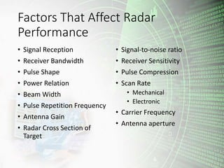 Factors That Affect Radar
Performance
• Signal Reception
• Receiver Bandwidth
• Pulse Shape
• Power Relation
• Beam Width
...