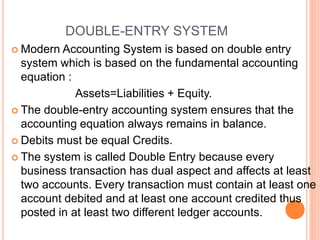 DOUBLE-ENTRY SYSTEM
 Modern Accounting System is based on double entry
system which is based on the fundamental accounting
equation :
Assets=Liabilities + Equity.
 The double-entry accounting system ensures that the
accounting equation always remains in balance.
 Debits must be equal Credits.
 The system is called Double Entry because every
business transaction has dual aspect and affects at least
two accounts. Every transaction must contain at least one
account debited and at least one account credited thus
posted in at least two different ledger accounts.
 
