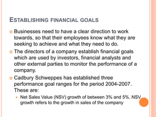 ESTABLISHING FINANCIAL GOALS
 Businesses need to have a clear direction to work
towards, so that their employees know what they are
seeking to achieve and what they need to do.
 The directors of a company establish financial goals
which are used by investors, financial analysts and
other external parties to monitor the performance of a
company.
 Cadbury Schweppes has established three
performance goal ranges for the period 2004-2007.
These are:
 Net Sales Value (NSV) growth of between 3% and 5%. NSV
growth refers to the growth in sales of the company
 