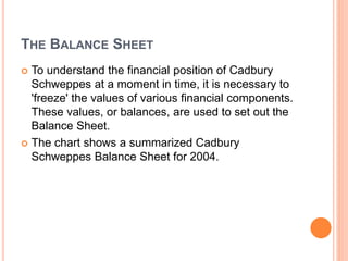 THE BALANCE SHEET
 To understand the financial position of Cadbury
Schweppes at a moment in time, it is necessary to
'freeze' the values of various financial components.
These values, or balances, are used to set out the
Balance Sheet.
 The chart shows a summarized Cadbury
Schweppes Balance Sheet for 2004.
 