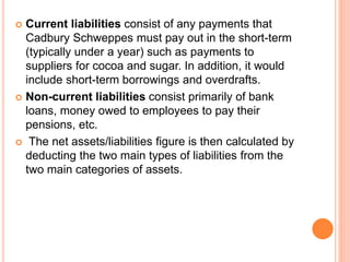  Current liabilities consist of any payments that
Cadbury Schweppes must pay out in the short-term
(typically under a year) such as payments to
suppliers for cocoa and sugar. In addition, it would
include short-term borrowings and overdrafts.
 Non-current liabilities consist primarily of bank
loans, money owed to employees to pay their
pensions, etc.
 The net assets/liabilities figure is then calculated by
deducting the two main types of liabilities from the
two main categories of assets.
 