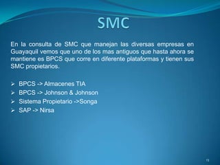 En la consulta de SMC que manejan las diversas empresas en
Guayaquil vemos que uno de los mas antiguos que hasta ahora se
mantiene es BPCS que corre en diferente plataformas y tienen sus
SMC propietarios.
 BPCS -> Almacenes TIA
 BPCS -> Johnson & Johnson
 Sistema Propietario ->Songa
 SAP -> Nirsa
13
 