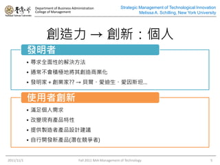 Department of Business Administration
College of Management
Strategic Management of Technological Innovation
Melissa A. Schilling, New York University
創造力 → 創新：個人
• 尋求全面性的解決方法
• 通常不會積極地將其創造商業化
• 發明家＋創業家?? → 貝爾、愛迪生、愛因斯坦…
發明者
• 滿足個人需求
• 改變現有產品特性
• 提供製造者產品設計建議
• 自行開發新產品(潛在競爭者)
使用者創新
2011/11/1 Fall 2011 BAA Management of Technology 5
 