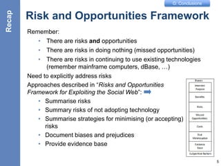 G: Conclusions
Risk and Opportunities Framework
Remember:
• There are risks and opportunities
• There are risks in doing nothing (missed opportunities)
• There are risks in continuing to use existing technologies
(remember mainframe computers, dBase, …)
Need to explicitly address risks
Approaches described in “Risks and Opportunities
Framework for Exploiting the Social Web”:
• Summarise risks
• Summary risks of not adopting technology
• Summarise strategies for minimising (or accepting)
risks
• Document biases and prejudices
• Provide evidence base
5
Recap
 