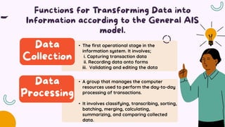 • The first operational stage in the
information system. It involves;
i. Capturing transaction data
ii. Recording data onto forms
iii. Validating and editing the data
• A group that manages the computer
resources used to perform the day-to-day
processing of transactions.
• It involves classifying, transcribing, sorting,
batching, merging, calculating,
summarizing, and comparing collected
data.
 