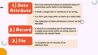 • The most elemental piece of potential piece of
potentially useful data in the database.
• It holds a single fact or attribute of an entity.
• In a form you may refer to them as a data field.
• The collection of data attributes is known as the
RECORD.
• A record is a complete set of attributes for
a single occurrence within an entity class or
collection od related fields.
• A complete set of records of an
identical class
 
