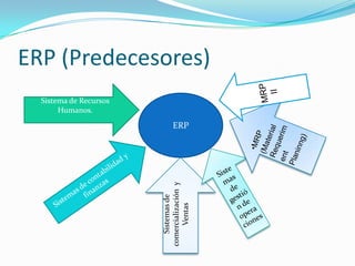 ERP (Predecesores)
ERP
Sistema de Recursos
Humanos.
Sistemasde
comercializacióny
Ventas
 