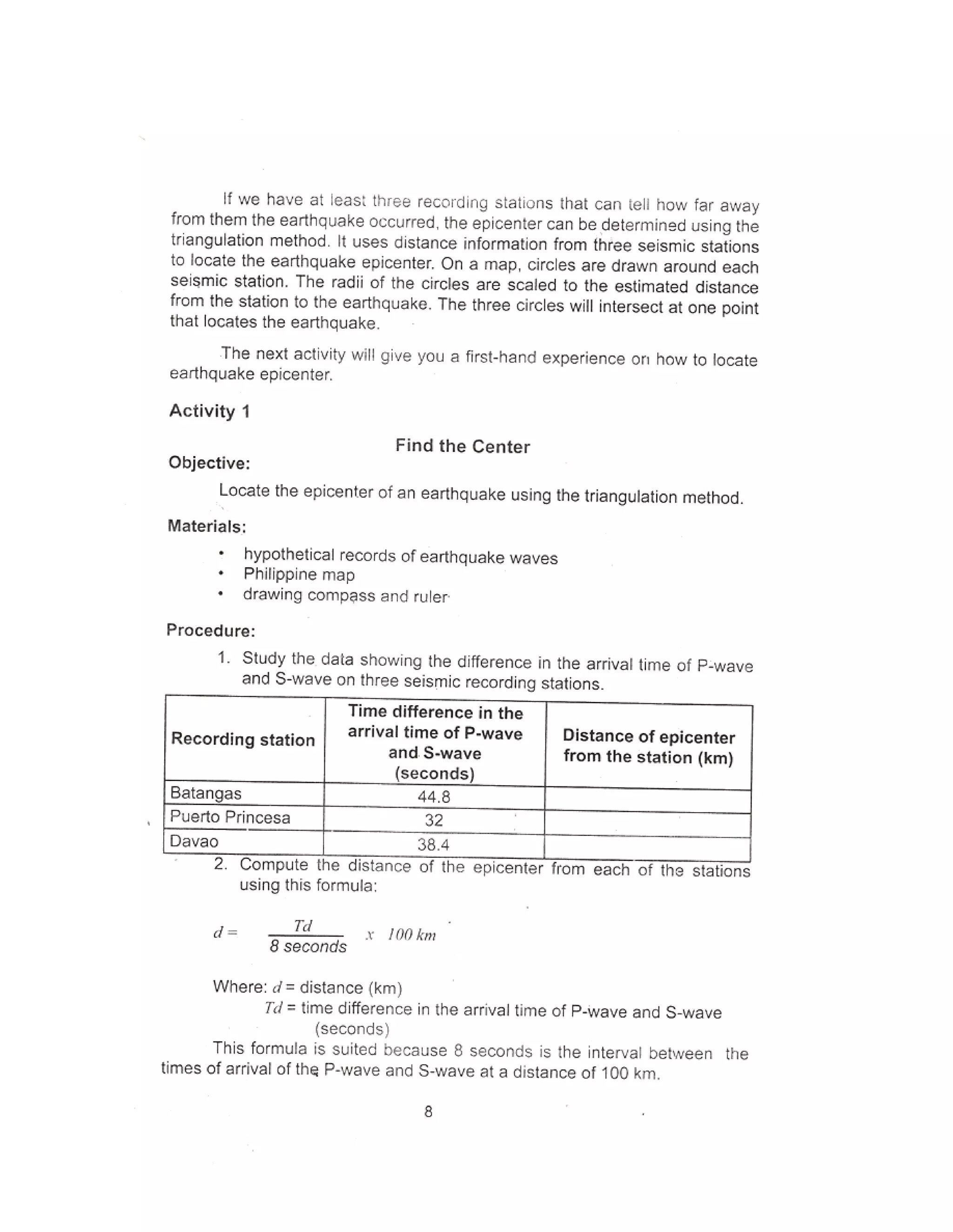 Grade 10 Science Learner's Material Activity 1: Find The Center