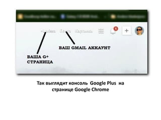 Так выглядит консоль Google Рlus на
странице Google Chrome
 