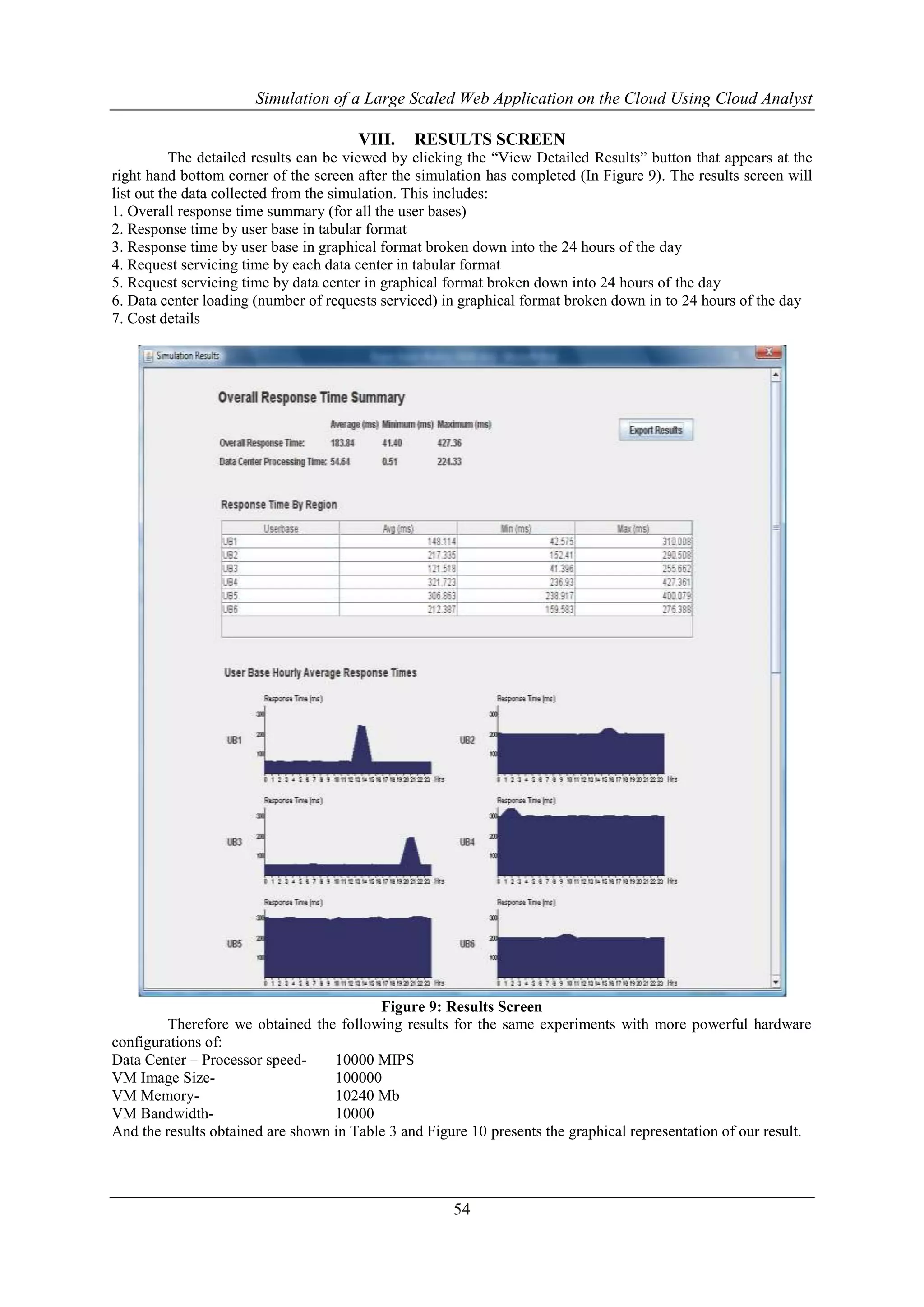 Simulation of a Large Scaled Web Application on the Cloud Using Cloud Analyst 
VIII. RESULTS SCREEN 
The detailed results can be viewed by clicking the “View Detailed Results” button that appears at the 
right hand bottom corner of the screen after the simulation has completed (In Figure 9). The results screen will 
list out the data collected from the simulation. This includes: 
1. Overall response time summary (for all the user bases) 
2. Response time by user base in tabular format 
3. Response time by user base in graphical format broken down into the 24 hours of the day 
4. Request servicing time by each data center in tabular format 
5. Request servicing time by data center in graphical format broken down into 24 hours of the day 
6. Data center loading (number of requests serviced) in graphical format broken down in to 24 hours of the day 
7. Cost details 
Figure 9: Results Screen 
Therefore we obtained the following results for the same experiments with more powerful hardware 
configurations of: 
Data Center – Processor speed- 10000 MIPS 
VM Image Size- 100000 
VM Memory- 10240 Mb 
VM Bandwidth- 10000 
And the results obtained are shown in Table 3 and Figure 10 presents the graphical representation of our result. 
54 
 