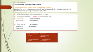 AGLUTINACIONES:
Son inespecíficas, existen reacciones cruzadas
10% de pacientes con tifoidea tienen aglutinaciones negativas.
25% de niños sanos, no vacunados tienen O, igual o mayor de 1/40, y H igual o mayor de 1/80
Solicitarlas a partir de la segunda semana de la fiebre.
 Títulos negativos o bajos: Tomar nueva muestra a los 7 O 10 días.
 Título sugestivo de tifoidea: Antígeno “O” igual o superior a 1/160
 Antígeno “H” Sugiere inmunización
mayor a 1/160 o infección anterior
 Títulos altos de No es indicativo
aglutininas sin de enfermedad
cuadro clínico
10% de pacientes con Tienen títulos
Tifoidea persistentemente
negativos.
15% de pacientes con Tienen títulos no
Tifoidea diagnósticos.
 