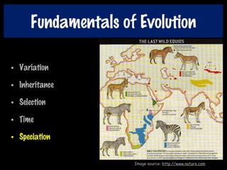 Fundamentals of Evolution
• Variation
• Inheritance
• Selection
• Time
• Speciation
Image source: http://www.nature.com
 