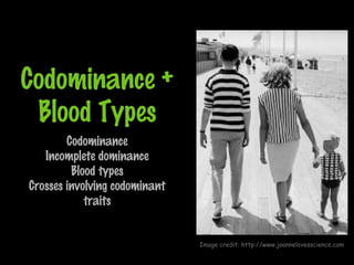 Codominance +
Blood Types
Codominance
Incomplete dominance
Blood types
Crosses involving codominant
traits
Image credit: http://www.joannelovesscience.com
 