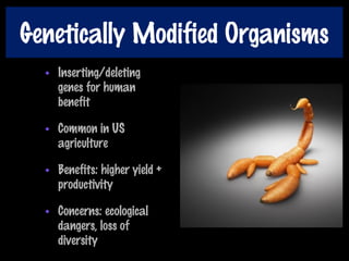 Genetically Modified Organisms
• Inserting/deleting
genes for human
benefit
• Common in US
agriculture
• Benefits: higher yield +
productivity
• Concerns: ecological
dangers, loss of
diversity
 
