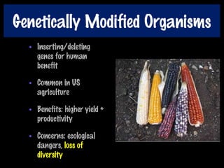 Genetically Modified Organisms
• Inserting/deleting
genes for human
benefit
• Common in US
agriculture
• Benefits: higher yield +
productivity
• Concerns: ecological
dangers, loss of
diversity
 