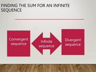 FINDING THE SUM FOR AN INFINITE
SEQUENCE
Infinite
sequence
Convergent
sequence
Divergent
sequence
 