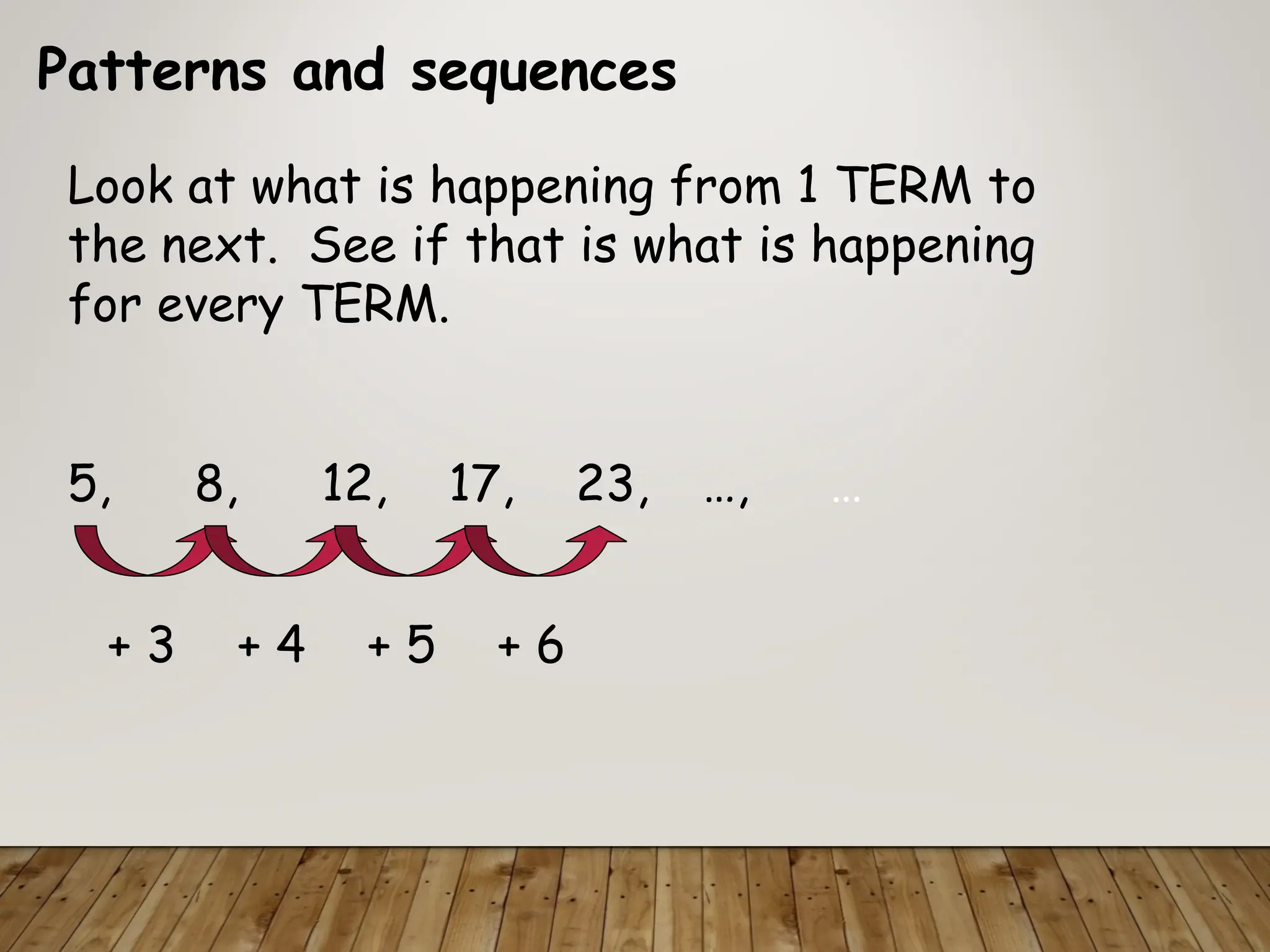 Patterns and sequences
Look at what is happening from 1 TERM to
the next. See if that is what is happening
for every TERM.
5, 8, 12, 17, 23, …, …
+ 3 + 4 + 5 + 6
 